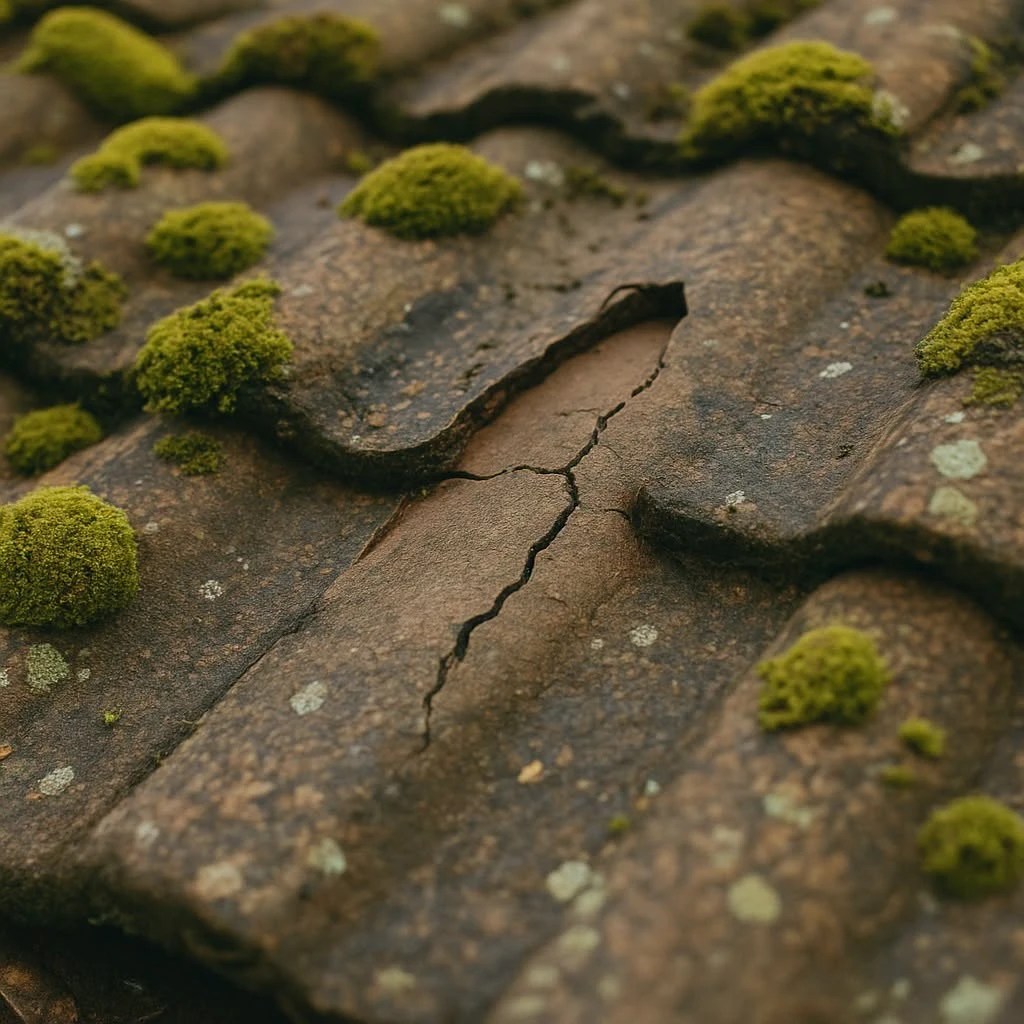 Close-up of cracked brown roof tiles with green moss growing on them.