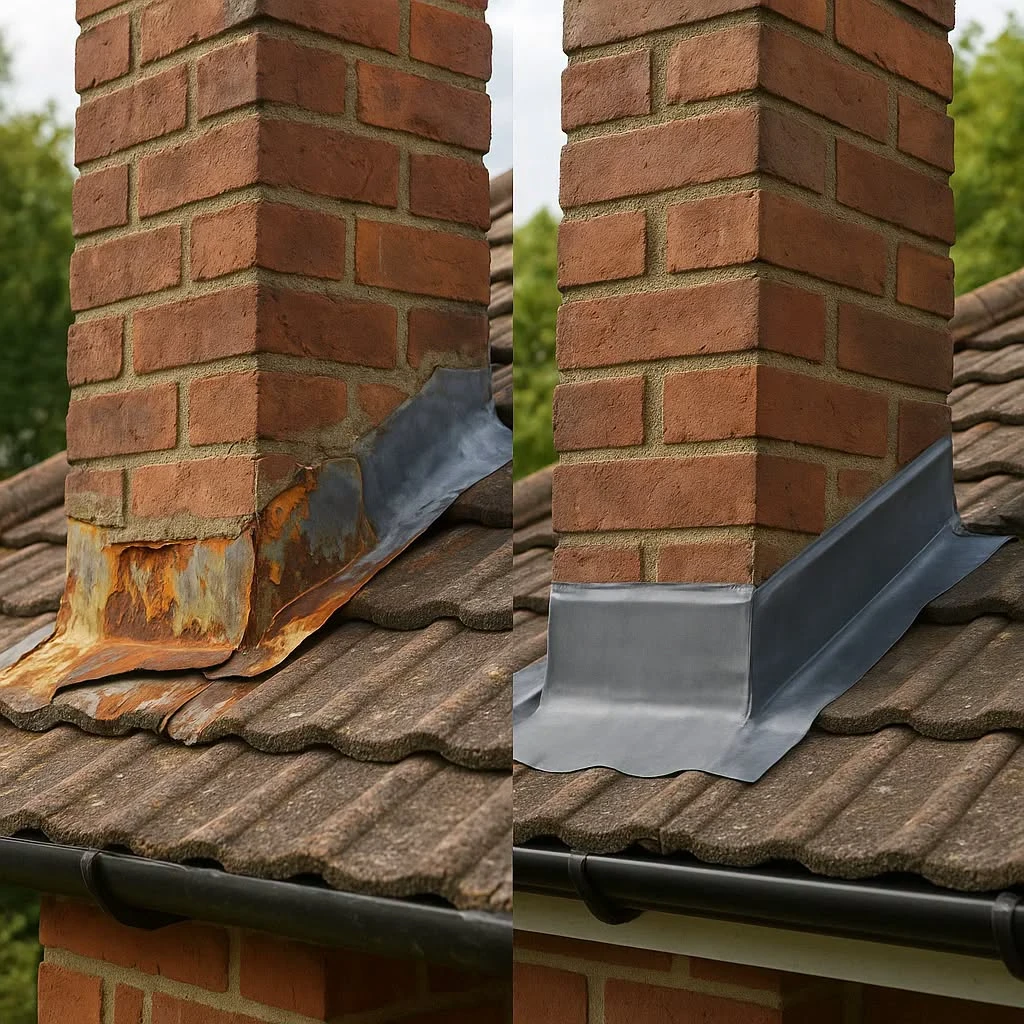 Side-by-side comparison of a brick chimney with rusted flashing on the left and new flashing on the right.