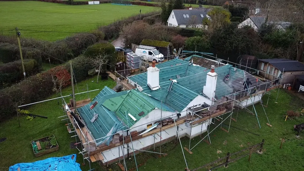 An aerial view of a house under construction.