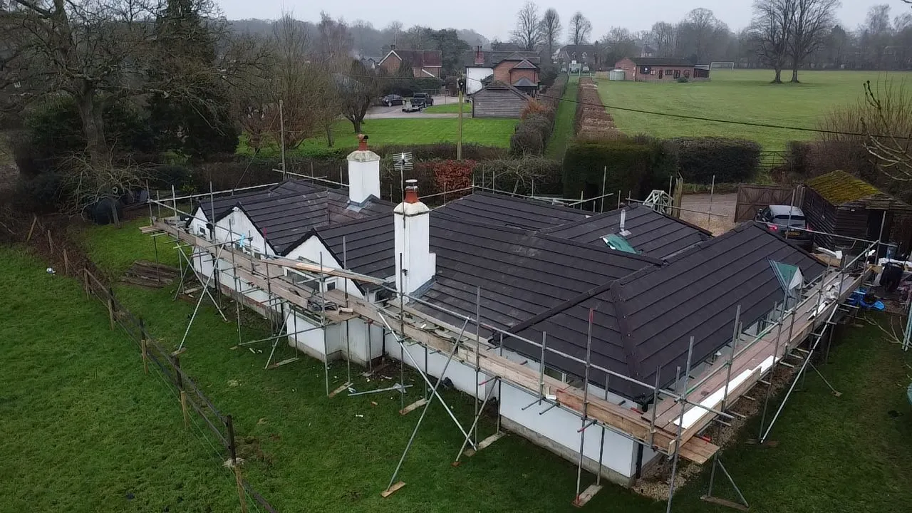 An aerial view of a house under construction.